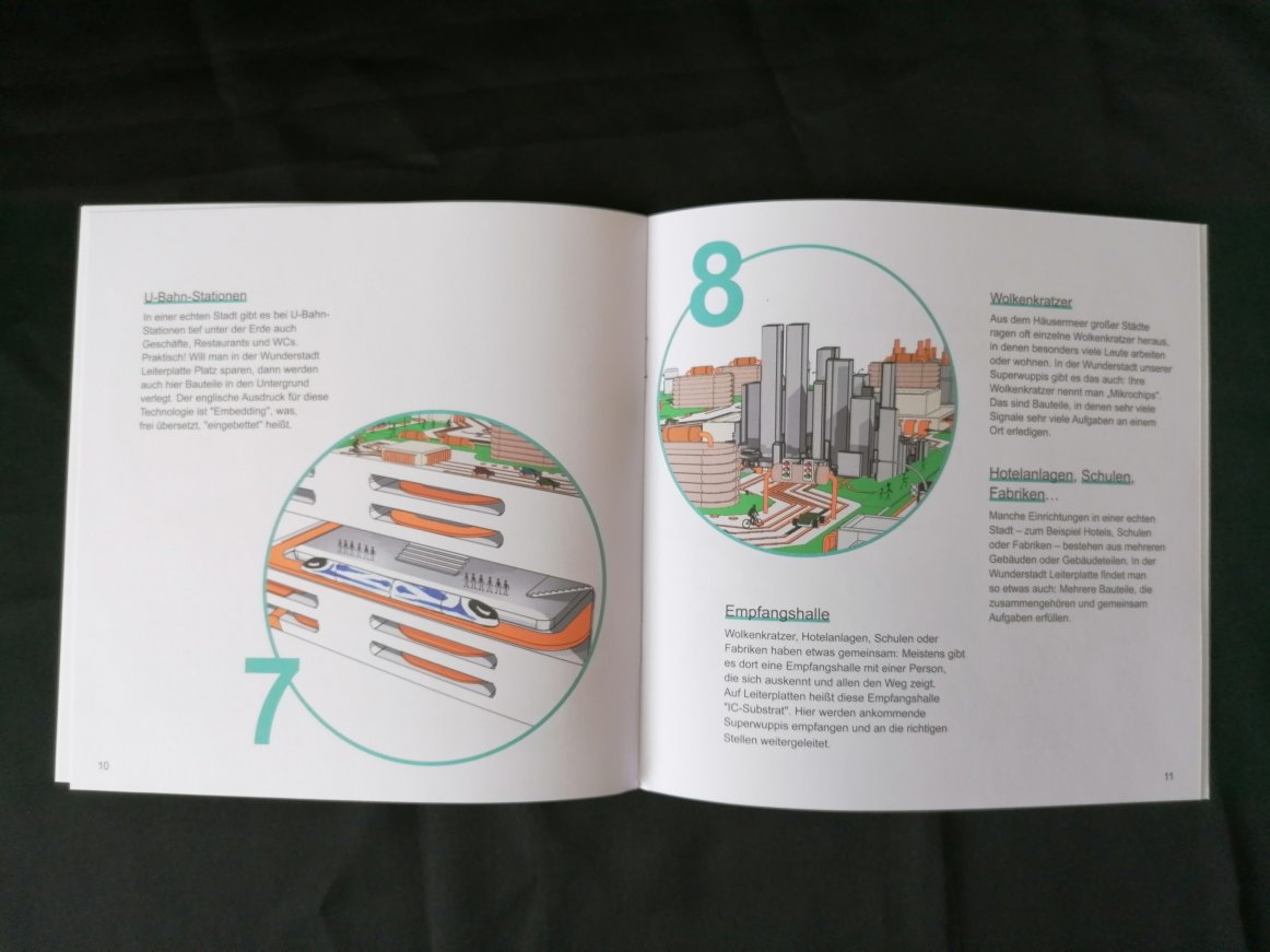 Doppelseite einer Informationsbroschüre für Kinder zwischen 8 und 12 Jahren im Auftrag des Leiterplattenherstellers AT&S